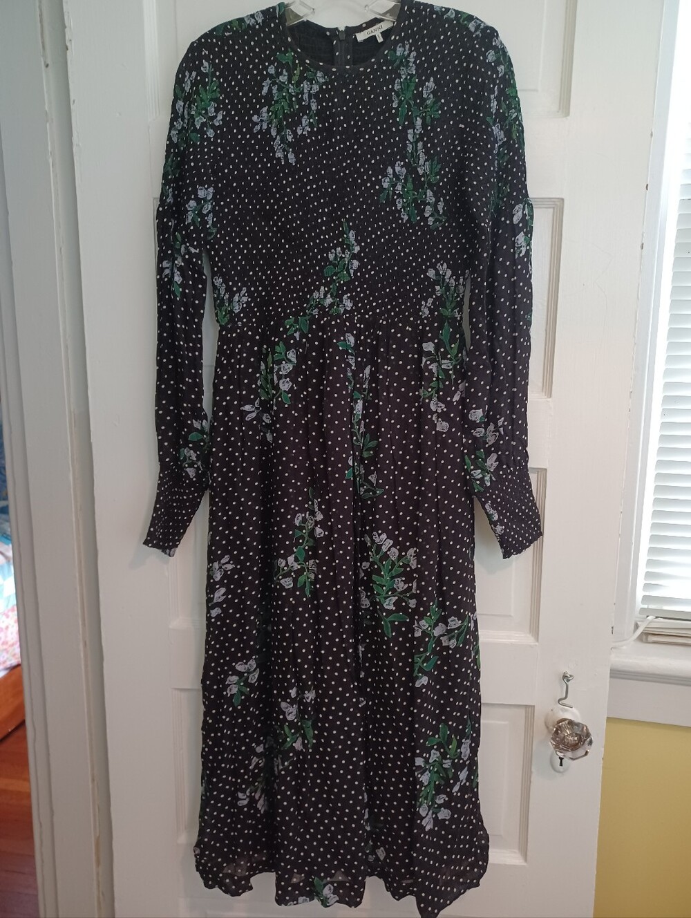 Ganni Rometty georgette maxi dress EU 34/XS black polkadot floral smocked pocket